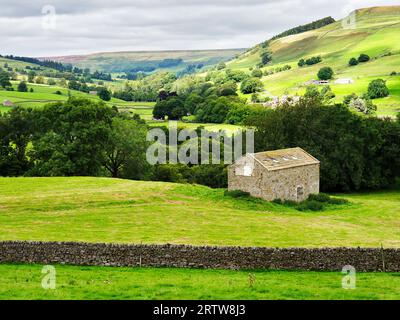 Eine Scheune in Upper Nidderdale mit Lofthouse Moor jenseits von Nidderdale AONB North Yorkshire England Stockfoto