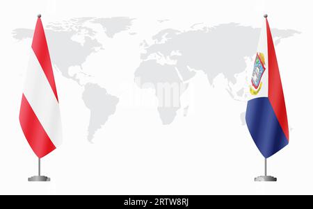 Österreich und Sint Maarten Flaggen zum offiziellen Treffen vor dem Hintergrund der Weltkarte. Stock Vektor