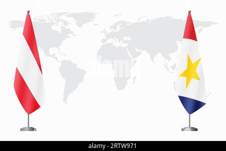 Österreich und Saba Flaggen zum offiziellen Treffen vor dem Hintergrund der Weltkarte. Stock Vektor