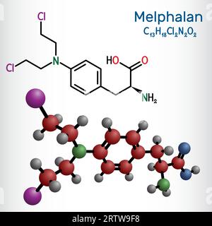 Melphalanmolekül. Es ist ein Chemotherapeutikum, ein alkylierendes antineoplastisches Mittel. Strukturelle chemische Formel und Molekülmodell. Vektorillustratio Stock Vektor