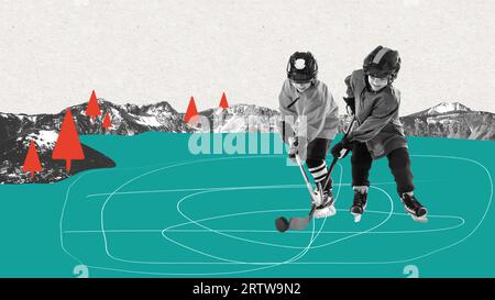 Verspielte, glückliche Kinder, Jungs im Helm und in der Uniform, die auf dem Eissee Hockey spielen. Aktive Spiele. Collage zeitgenössischer Kunst. Stockfoto