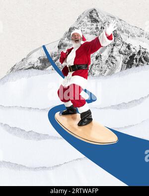 Senior man, santa claus rutscht auf Snowboard auf verschneiten Pfaden in den Bergen. Collage zeitgenössischer Kunst. Stockfoto