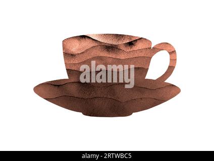 Aquarellhandgezeichnete braune Farbtasse Kaffee, Tee, heiße Getränke isoliert auf weißem Hintergrund. Aquarellzeichnung. Platz für Text, Logo. Stockfoto
