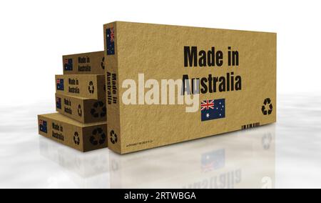 Hergestellt in Australien Box Produktionslinie. Fertigung und Lieferung. Produktfabrik, Import und Export. Abstraktes Konzept 3D-Rendering-Illustration. Stockfoto