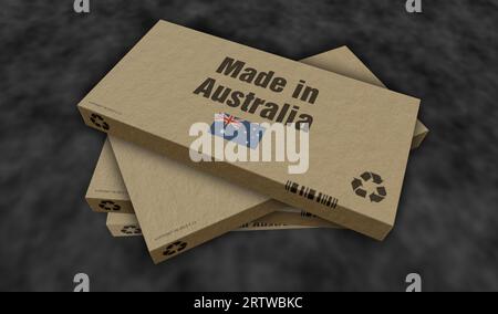 Hergestellt in Australien Box Produktionslinie. Fertigung und Lieferung. Produktfabrik, Import und Export. Abstraktes Konzept 3D-Rendering-Illustration. Stockfoto