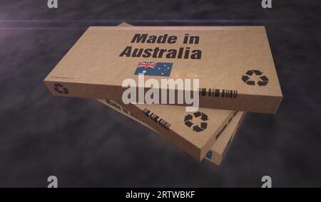 Hergestellt in Australien Box Produktionslinie. Fertigung und Lieferung. Produktfabrik, Import und Export. Abstraktes Konzept 3D-Rendering-Illustration. Stockfoto