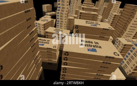 Hergestellt in Australien Box Produktionslinie. Fertigung und Lieferung. Produktfabrik, Import und Export. Abstraktes Konzept 3D-Rendering-Illustration. Stockfoto