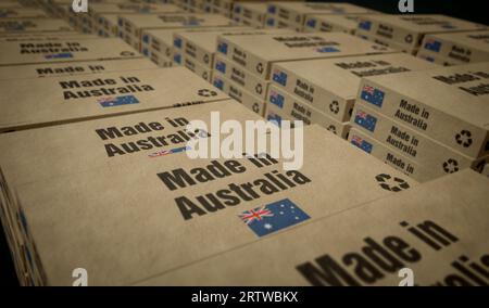 Hergestellt in Australien Box Produktionslinie. Fertigung und Lieferung. Produktfabrik, Import und Export. Abstraktes Konzept 3D-Rendering-Illustration. Stockfoto