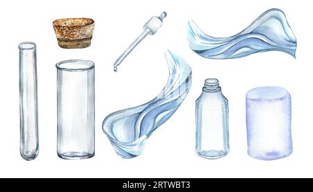 Set Glaskolben mit Kork-Aquarellabbildung isoliert auf weiß. Transparente Flasche, Laborbecher, Röhrchen für ätherische Öle, wasserförmige Hand Stockfoto