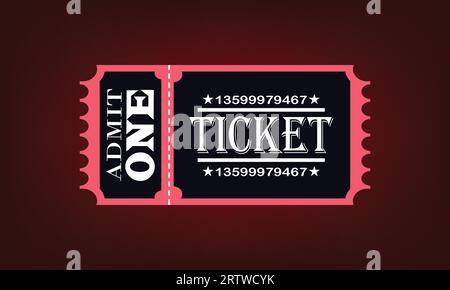 Nehmen Sie ein Ticket auf dunkelrotem Hintergrund auf. Vektorillustration. Gut für Kino, Theater, Konzert, Performance, Party, Veranstaltung, Festival. Stock Vektor