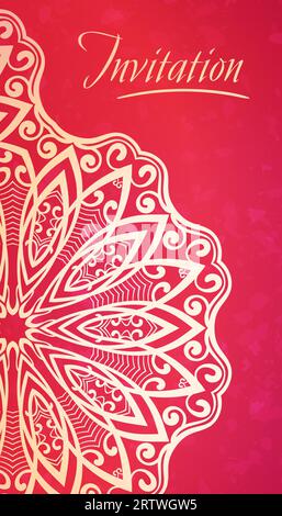 Mandala mit halbrunder Spitze auf rotem Hintergrund, Elegance-Vorlage für Einladung oder Visitenkarte, Begrüßung oder Cover Stock Vektor