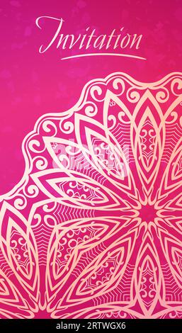 Mandala mit halbrunder Spitze auf rotem Hintergrund, Elegance-Vorlage für Einladung oder Visitenkarte, Begrüßung oder Cover Stock Vektor