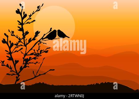 Vogelpaar sitzt auf dem Ast bei Sonnenuntergang Hintergrund. Vogelsilhouetten am Zweig des Baumes. Abendkulisse. Morgenhimmel in der Natur der Wildtiere. Dawn Landschaft Stock Vektor