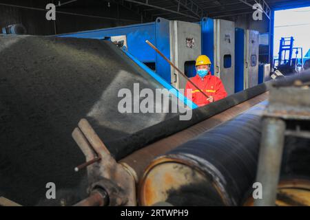 LUANNAN COUNTY, China - 10. November 2021: Arbeiter arbeiten an der Vlieslinie in Nordchina Stockfoto