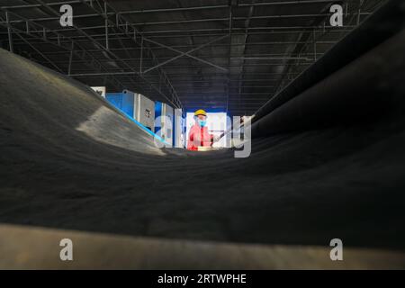 LUANNAN COUNTY, China - 10. November 2021: Arbeiter arbeiten an der Vlieslinie in Nordchina Stockfoto