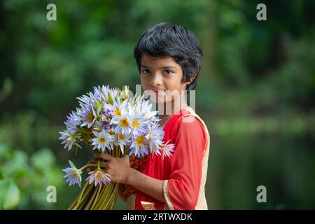 Ein Mädchen aus Bangladesch hält eine Menge Seerosen, die in Ujirpur in Barisal aus einem großen Wasserkörper namens Shatla Beel stammen. Bangladesch. Stockfoto