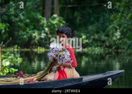 Ein Mädchen aus Bangladesch hält eine Menge Seerosen, die in Ujirpur in Barisal aus einem großen Wasserkörper namens Shatla Beel stammen. Bangladesch. Stockfoto