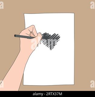 Hand, die ein Herz mit einem Bleistift und einem weißen Blatt Papier zeichnet. Bleistift in der linken Hand. Künstler bei der Arbeit. Linksmaler. Vektorillustration Stock Vektor