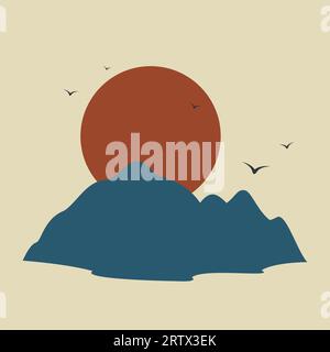 Japanische Sonnenaufgang Landschaft Postkartenillustration. Berge und Wasser am Morgen Stock Vektor