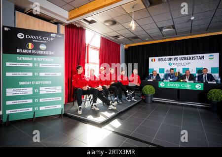 Hasselt, Belgien. September 2023. Belgisches Team, das beim Unentschieden vor dem Davis Cup World Group First Round Meeting zwischen Belgien und Usbekistan am Donnerstag, den 14. September 2023, in Hasselt abgebildet wurde. BELGA FOTO JASPER JACOBS Credit: Belga News Agency/Alamy Live News Stockfoto