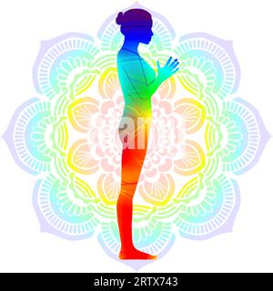 Farbenfrohe Silhouette-Yoga-Haltung. Berghaltung oder gleichgestellte Haltung. Tadasana oder Samasthiti. Isolierte Vektordarstellung. Mandala Stock Vektor