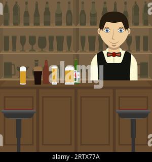 Bierbar im Inneren mit Barmann und Bartheke. Barkeeper mit Bierbechern, Flaschen und alkoholischen Getränken. Inneres des Kneipen, Cafés oder der Bar. Bartheke, Stock Vektor