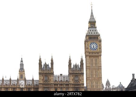 Houses of Parliament und Big Ben in London, England, Vereinigtes Königreich, isoliert auf weißem Hintergrund Stockfoto