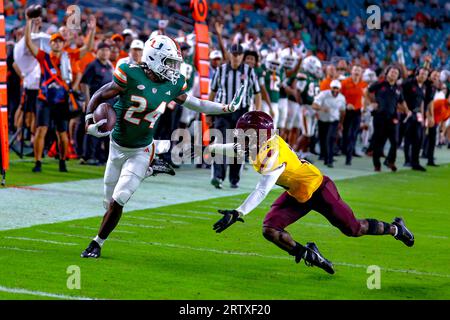 Miami Hurricanes 48 V Bethune Cookman, NCAA, 7, 14. September 2023, Hard Rock Stadium, Florida, USA. Chris Johnson Jr erzielte seinen ersten Touchdown in einer Hurricanes-Uniform, Foto Chris Arjoon/Credit Stockfoto