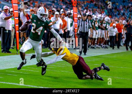 Miami Hurricanes 48 V Bethune Cookman, NCAA, 7, 14. September 2023, Hard Rock Stadium, Florida, USA. Chris Johnson Jr erzielte seinen ersten Touchdown in einer Hurricanes-Uniform, Foto Chris Arjoon/Credit Stockfoto