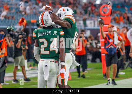 Miami Hurricanes 48 V Bethune Cookman, NCAA, 7, 14. September 2023, Hard Rock Stadium, Florida, USA. Chris Johnson Jr erzielte seinen ersten Touchdown in einer Hurricanes-Uniform, Foto Chris Arjoon/Credit Stockfoto