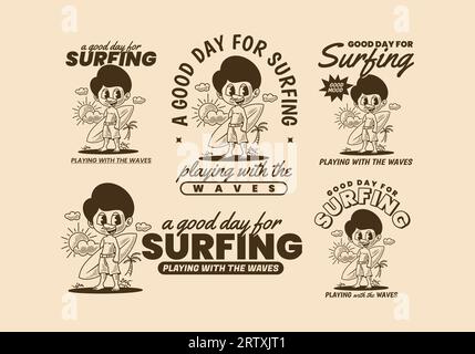 Ein guter Tag zum Surfen, Vintage-Illustration eines Jungen, der am Strand steht und ein Surfbrett hält Stock Vektor