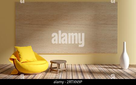 Gelber Stuhl im Minimal-Zimmer, nachgestellter Raum mit minimalem warmen Ton, 3D-Illustration Stockfoto
