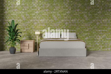 Schlafraum mit Moosziegelwand, 3D-Illustration Stockfoto
