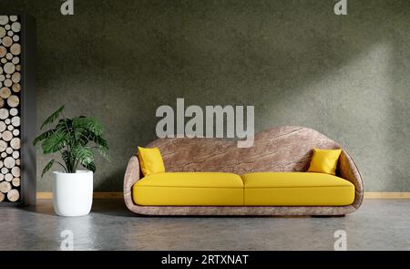 Wohnzimmer mit Holzsofa, 3D-Illustration Stockfoto