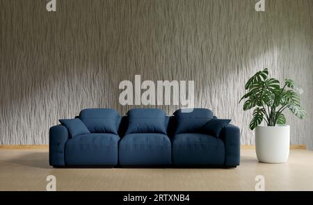 Mockup Wohnzimmer mit blauem Sofa, 3D Illustration Rendering Stockfoto