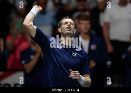 Andy Murray (GBR) feiert seinen Sieg gegen Leandro Riedi (SUI) beim Davis Cup-Spiel Großbritannien gegen die Schweiz in der Manchester AO Arena, Manchester, Vereinigtes Königreich, 15. September 2023 (Foto: Conor Molloy/News Images) Stockfoto