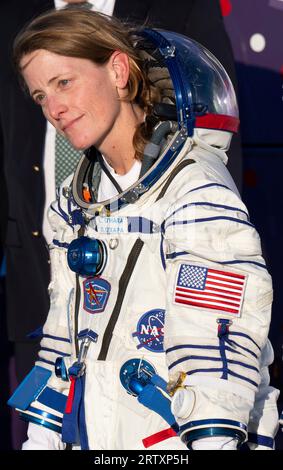 Baikonur, Kasachstan. September 2023. NASA-Astronaut Loral O’Hara, kurz vor dem Einstieg in die russische Sojus-MS-24-Raumsonde, die am 15. September 2023 in Baikonur, Kasachstan, gestartet werden soll. O'Hara, die Crew der International Space Station Expedition 70, begleitet die Kosmonauten Oleg Kononenko und Nikolai Chub von Roscosmos auf der Reise zum Umlauflabor. Quelle: Bill Ingalls/NASA/Alamy Live News Stockfoto