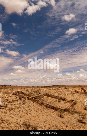 Alte Viehfarm oder Kraal, Auchterlonie, Kgalagadi Transfrontier Park, Kalahari, Südafrika Stockfoto