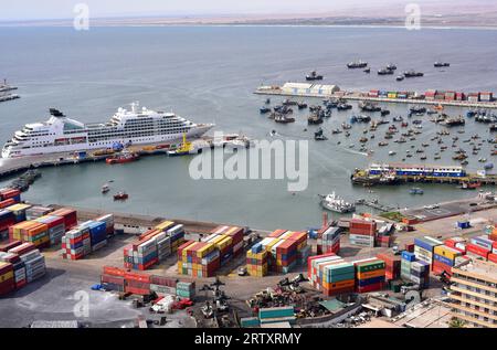 Arica Hafen See von Morro de Arica. Norte Grande de Chile, Region de Arica y Paranicota. Panoramablick. Stockfoto