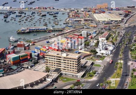 Arica Hafen See von Morro de Arica. Norte Grande de Chile, Region de Arica y Paranicota. Panoramablick. Stockfoto