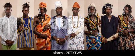 Collage von Porträts eines afrikanischen Jungen in unterschiedlicher ethnischer Kleidung. Farbenfrohe Kleider und Fashon-Accessoires Stockfoto