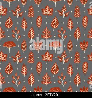 Ziegelrotes Herbstlaub auf grauem nahtlosem Musterdesign Stockfoto