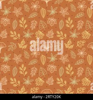 Pastell Autumn Leaves Line Art auf Terracotta Seamless Pattern Design Stockfoto