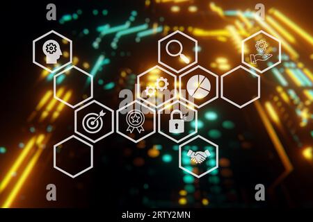 Aufnahme eines funktionierenden Rechenzentrums mit Reihen von Rack-Servern, die mit Visualisierungslinien für LAN-Verbindungen verbunden sind. Stockfoto