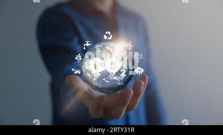 Natürliche Umwelt klimaneutrale langfristige Emissionsstrategie CO2-neutrale Ziele Net Zero 2050 Umwelttechnologie nachhaltige Entwicklung. Stockfoto