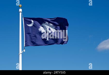 Nahaufnahme der Staatsflagge von South Carolina vor blauem Himmel und weißen Wolken Stockfoto