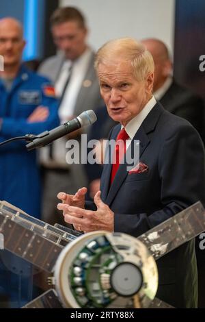 Washington, Vereinigte Staaten Von Amerika. September 2023. Washington, Vereinigte Staaten von Amerika. 14. September 2023. NASA-Administrator Bill Nelson hält seine Ausführungen während einer Unterzeichnungszeremonie der Artemis-Abkommen in der Residenz des deutschen Botschafters am 14. September 2023 in Washington, DC, Deutschland ist das 29. Land, das die Artemis-Abkommen unterzeichnet hat. die eine praktische Reihe von Prinzipien zur Zusammenarbeit der am Artemis-Programm der NASA teilnehmenden Nationen bei der Weltraumforschung festlegen. Quelle: Keegan Barber/NASA/Alamy Live News Stockfoto