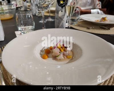 Köstliches peruanisches Ceviche in einem weißen Gericht Stockfoto