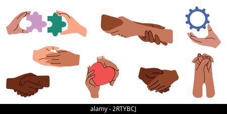 Teamarbeit. Handpaar im Doodle-Stil isolierte menschliche Arme. Zwei Hände halten zusammen. Menschliche Finger, Handflächen berühren, Geste. Unterstützung, Liebesrelatio Stock Vektor