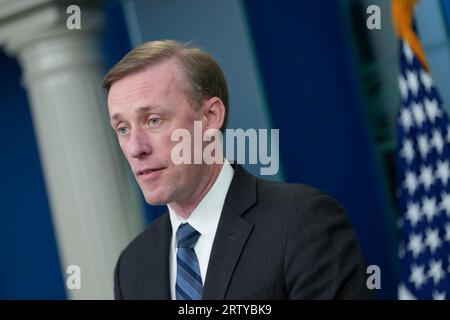 Washington, Usa. September 2023. Jake Sullivan, nationaler Sicherheitsberater der Vereinigten Staaten, nimmt am Freitag, den 15. September 2023, am täglichen Briefing im Weißen Haus in Washington, DC, Teil. Foto von Chris Kleponis/UPI Credit: UPI/Alamy Live News Stockfoto